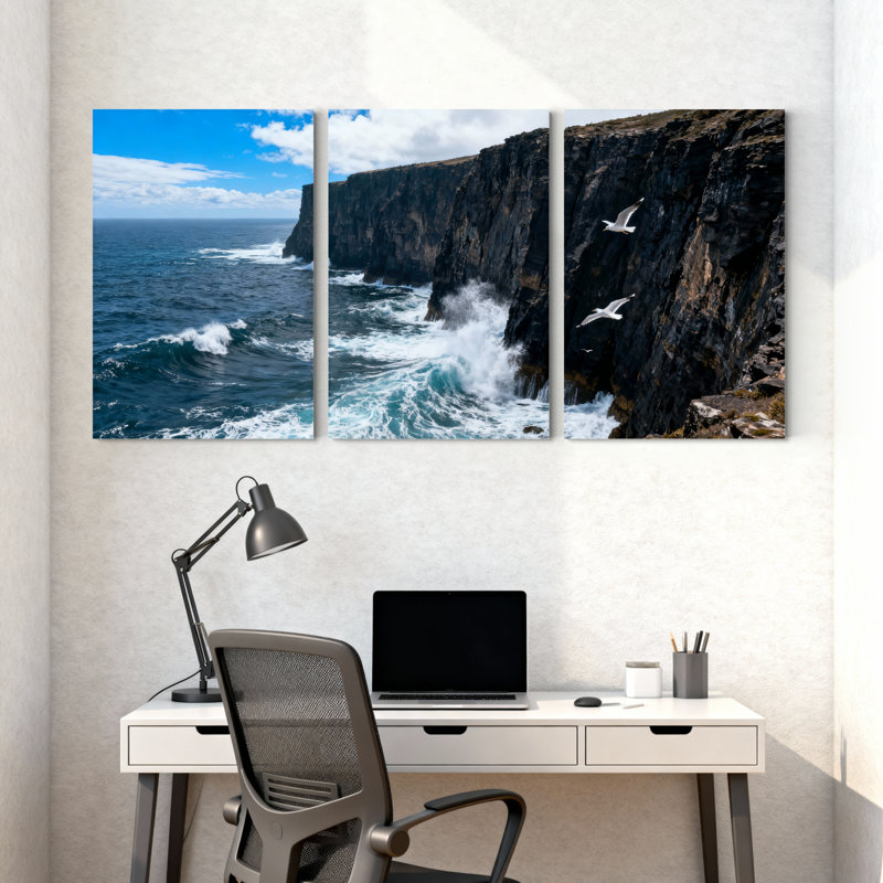Paysage et paysages urbains, vagues océaniques, falaises, oiseaux, ciel, réflexion, paysage naturel, ensemble de 3 impressions sur toile