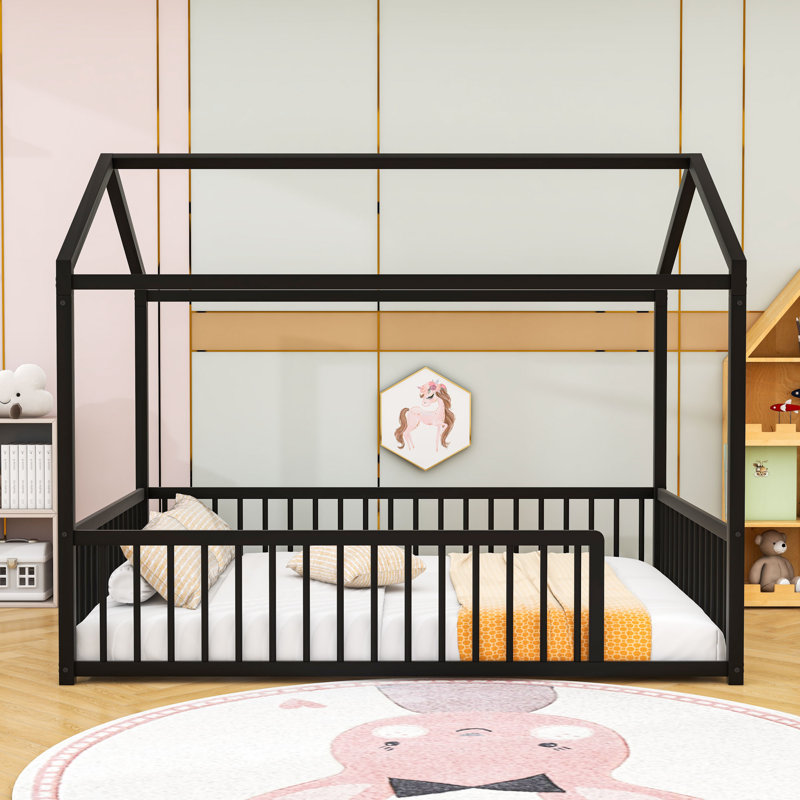 Montessori-Inspired Metal Floor Bed With Safety Fence, Black, Full
