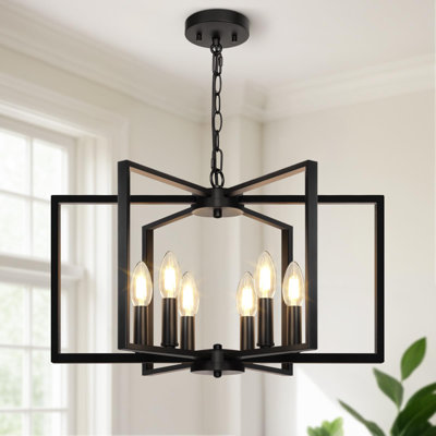 Black Farmhouse Chandelier, 6 Light Geometric Dining Room Light Fixture, Modern Industrial Metal Ceiling Light Rustic Hanging Pendant Lights With E12 Base