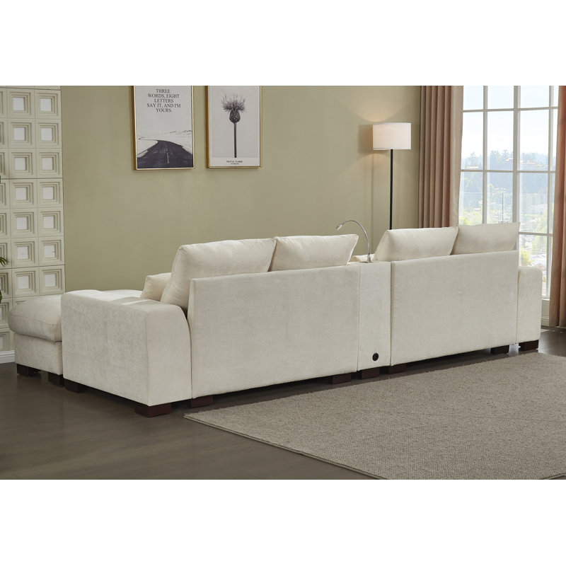 131.5” W Oversized 6-seater Composable Modular Sofa With Cupholder Console  With Usb Port And 2 Ottomans, Beige Chenille