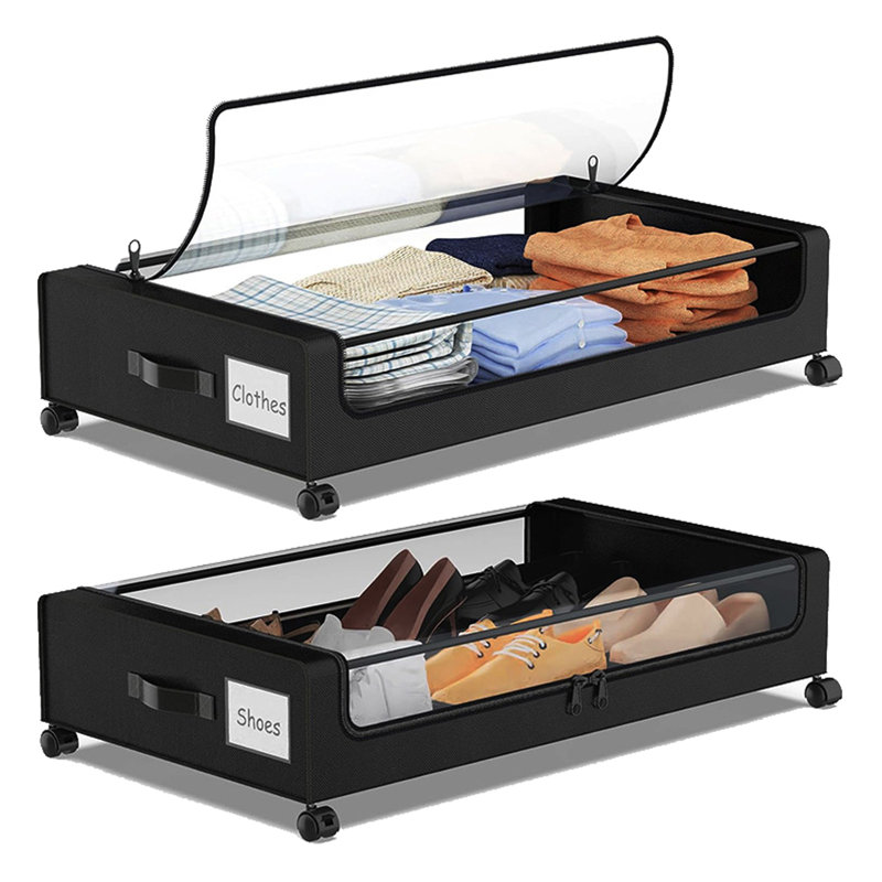 Rebrilliant Square Under-Bed Storage Box with Wheels, Transparent Window,Black