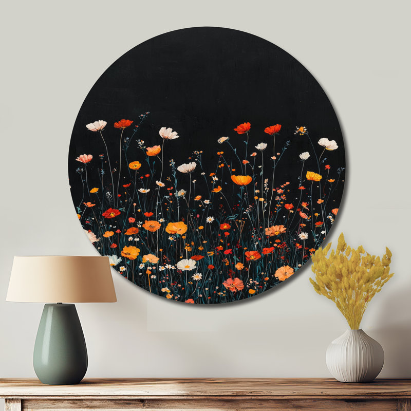Fleurs sauvages oranges en pleine nuit, art mural traditionnel orange en métal, H 29 po x l 29 po