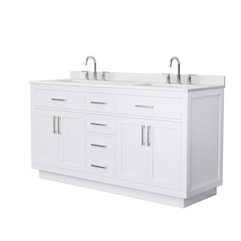 Ensemble de meuble-lavabo double 66 po Beckett, Blanc, Brushed Nickel, Carrara Cultured Marble