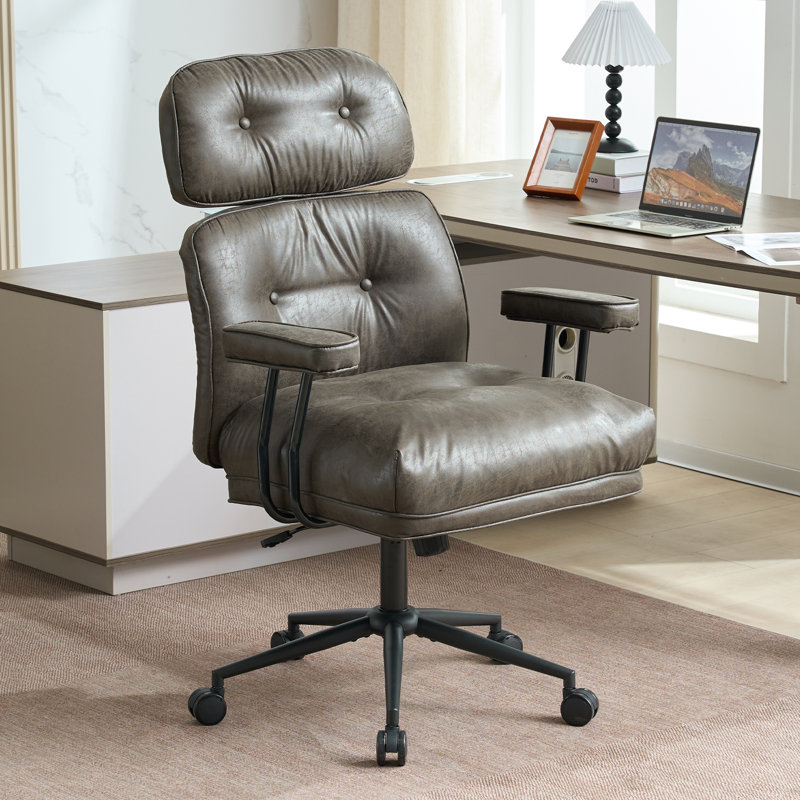 Big and Tall Executive Chair with Adjustable Headrest, High Back Mid Century Modern Desk Chair Faux Leather Home Office Chair with Thickened Cushions,Black