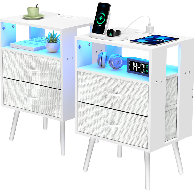 Ensemble de 2 tables de chevet blanches modernes avec station de charge et éclairage à DEL, tiroirs non tissés, panneau de particules revêtu pour utilisation avec tables télécommandées en couleur, installation facile de longue durée