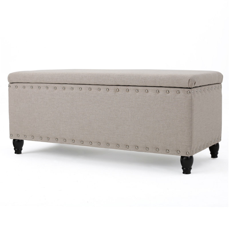 Banc de rangement avec repose-pieds clouté Sharon, tissu beige, 42 po, Beige