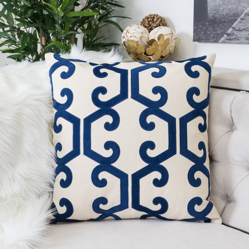  Applique Cotton Geometric Throw Pillow, Indigo