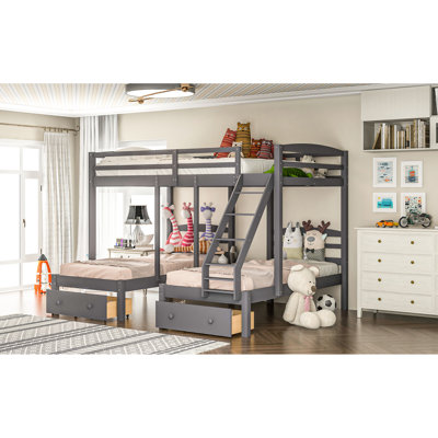 Gray Triple Bunk Bed With Drawer Compartments - Solid Pine And Build, Space Saving For Multiple Sleepers Storage Made Of Wood , Ideal Constrained Rooms