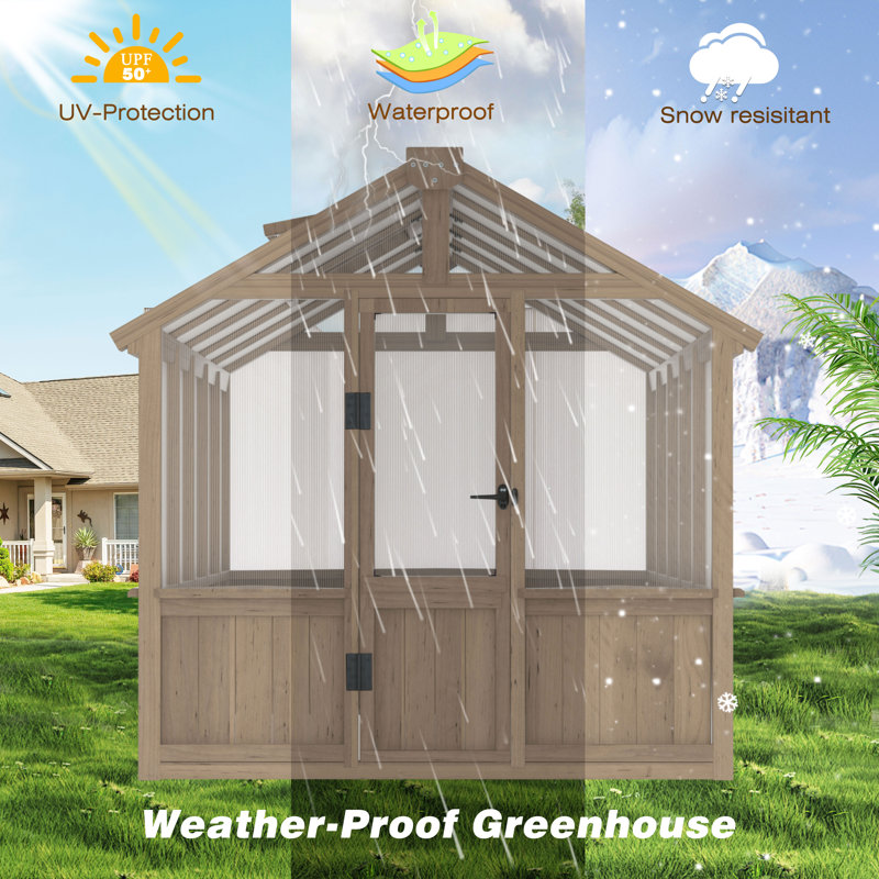 Outdoor Wooden Polycarbonate Greenhouse 6x10Ft, 83.5" H x 74" W x 120" D