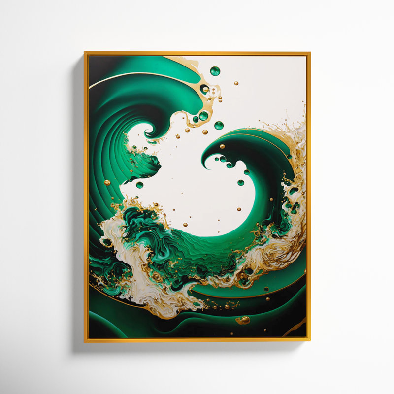 Vert émeraude et vagues abstraites dorées I - Peinture sur toile, H 32 po x l 24 po x P 1 po, Toile avec cadre flottant or