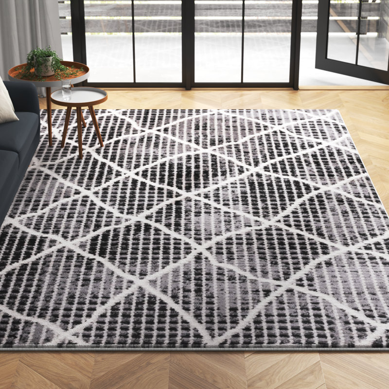 Rectangle Elane Geometric Power Loomed Polyester Area Rug in Charcoal/Ivory/Gray, Rectangle 9' x 12'