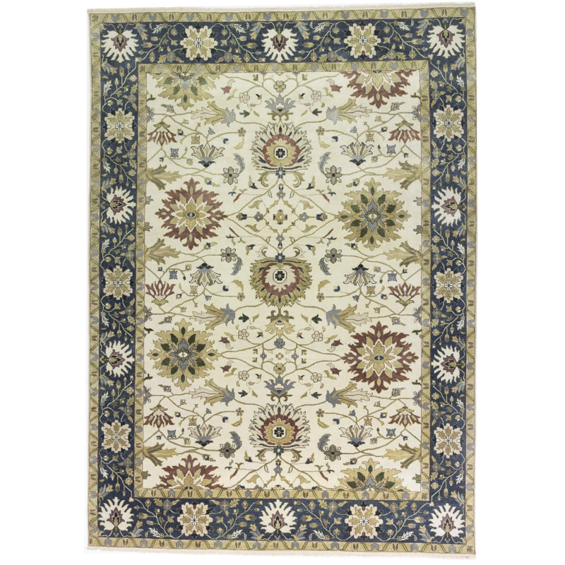 Floral Handmade Hand-Knotted Rectangle 10'1" x 14'1" Wool Area Rug in Cream