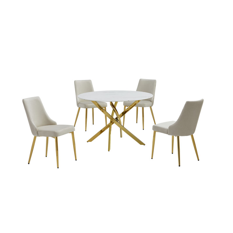 Ensemble de salle à manger rond en verre avec revêtement en marbre blanc et 4 chaises d'appoint en velours, Crème, crème