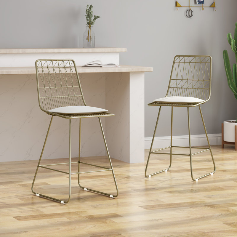 Set of 2 Light Brass Iron Counter Stools with Ivory Cushions