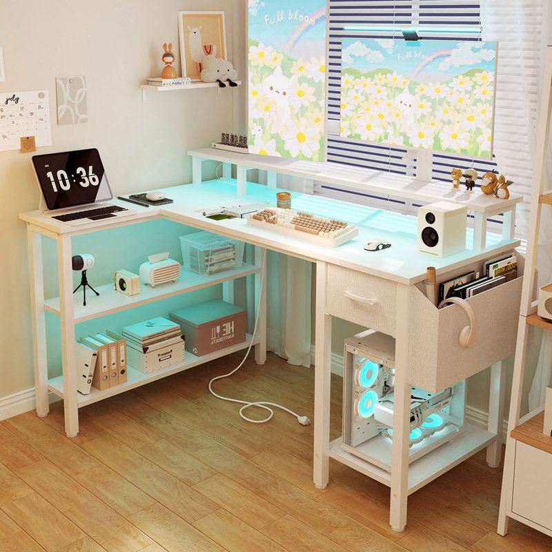 Computer Desk with Monitor Stand, Gaming Desk with LED Lights & Power Outlets, White