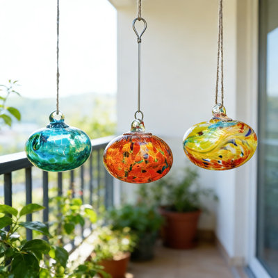 Hand-Blown Glass Hummingbird Feeder Set Of 3 With Ant And Bee Resistant Flower Ports, Outdoor Hanging Garden Decor