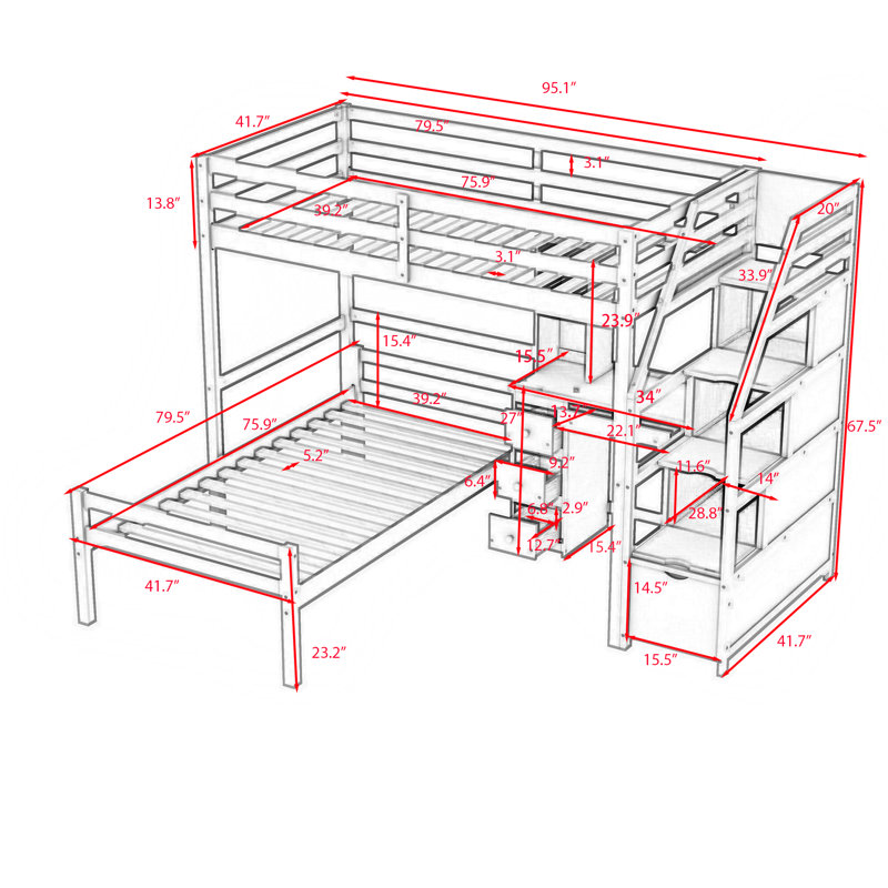 Gunaseelan Kids Twin Over Twin Bunk Bed with Drawers, Grey