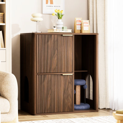 Walnut 31.5 - Inch Cat Litter Cabinet With Built In Tree, Dual Entry Doors For Cats, And Storage Shelf. Conceals Box A Mid Century Modern Design, Allows Cats To Enter From Both Sides, Provides Cozy