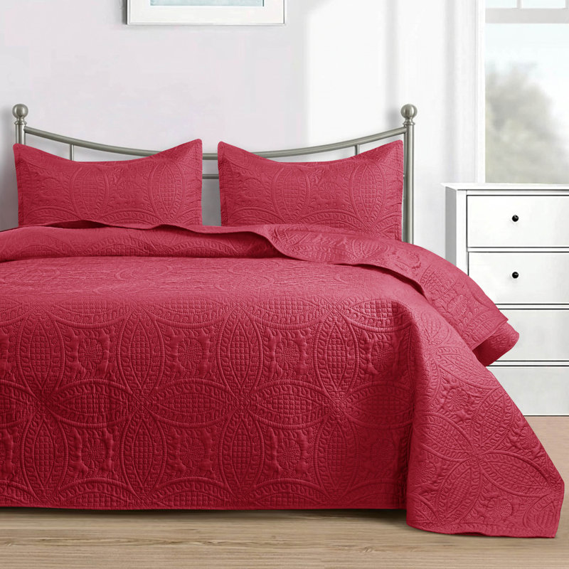 Reversible Bedspread All Season Comfort - Oversized  3 Piece Quilt Set - Lightweight Microfiber Bed Cover Quilt, Crimson Red
