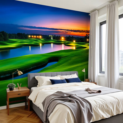 Papier peint adhésif pelucheux Tranquil Golf Course Landscape Sunset Flowing Water Greens, peintures murales H 100 po x l 144 po, papier peint amovible en PVC, adhésif mural pour chambre à coucher, bureau à domicile