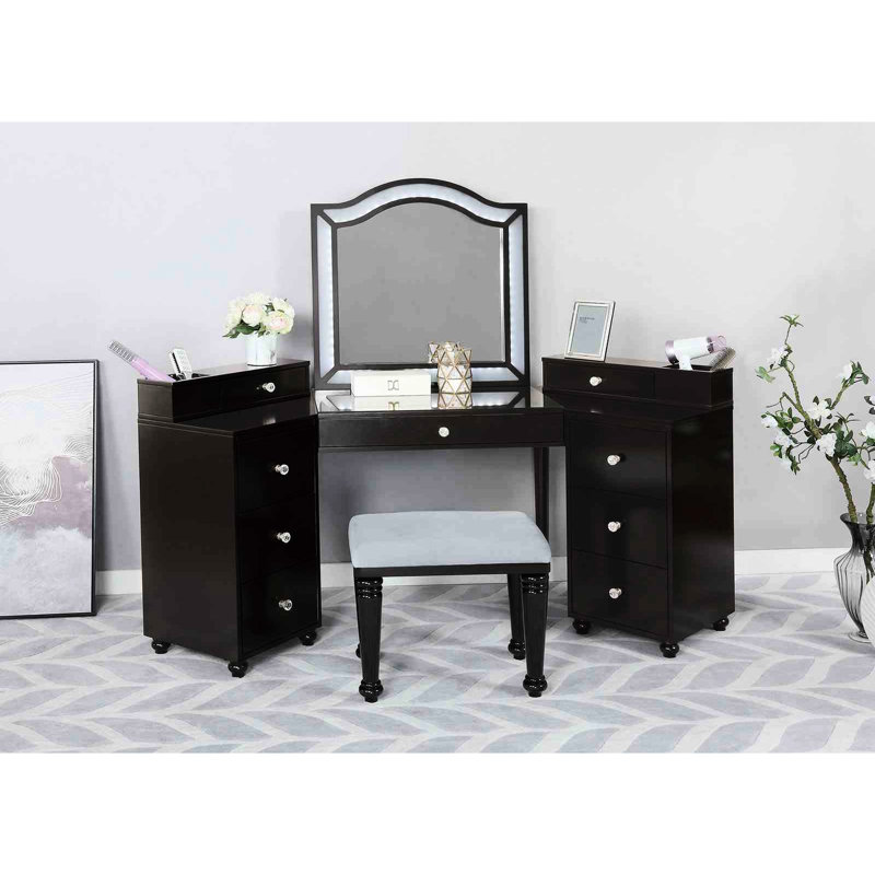 Coiffeuse avec tabouret, verre trempé de 8 mm, miroir à DEL, tiroirs de rangement, finition grise pour le style de chambre à coucher sur plusieurs tiroirs