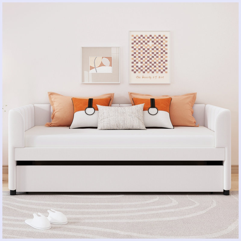 Lit de jour rembourré moderne avec lit gigogne, Beige