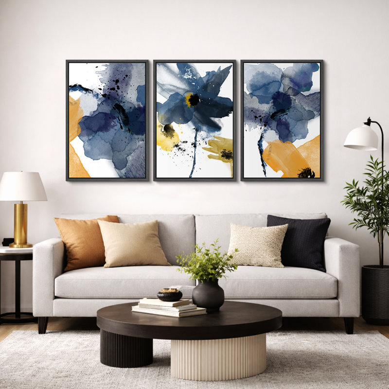 Abstract Botanical "Watercolor Navy Blue & Yellow Floral Artwork, Modern Abstract Expressionist Wall Pictures, Framed Canvas Giclée Print 3 Pieces Wall Art" 16"x24"x3 pcs, 24"x36"x3 pcs
