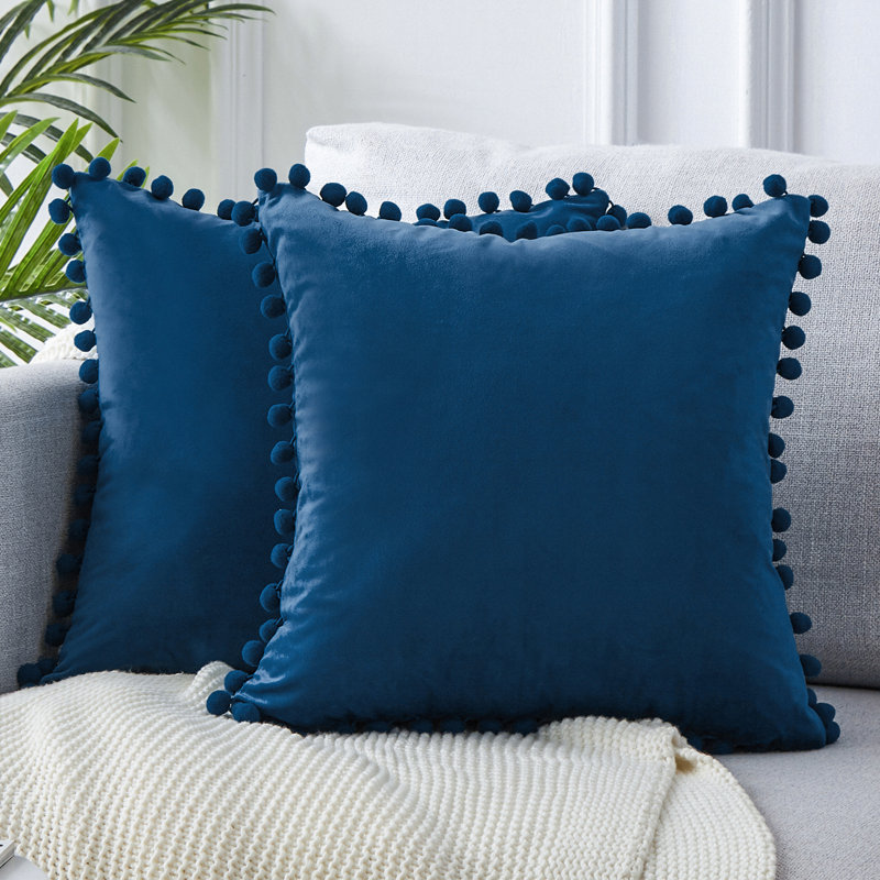 Burnt Orange Velvet Square Pillow Covers with Pom-Poms, Set of 2