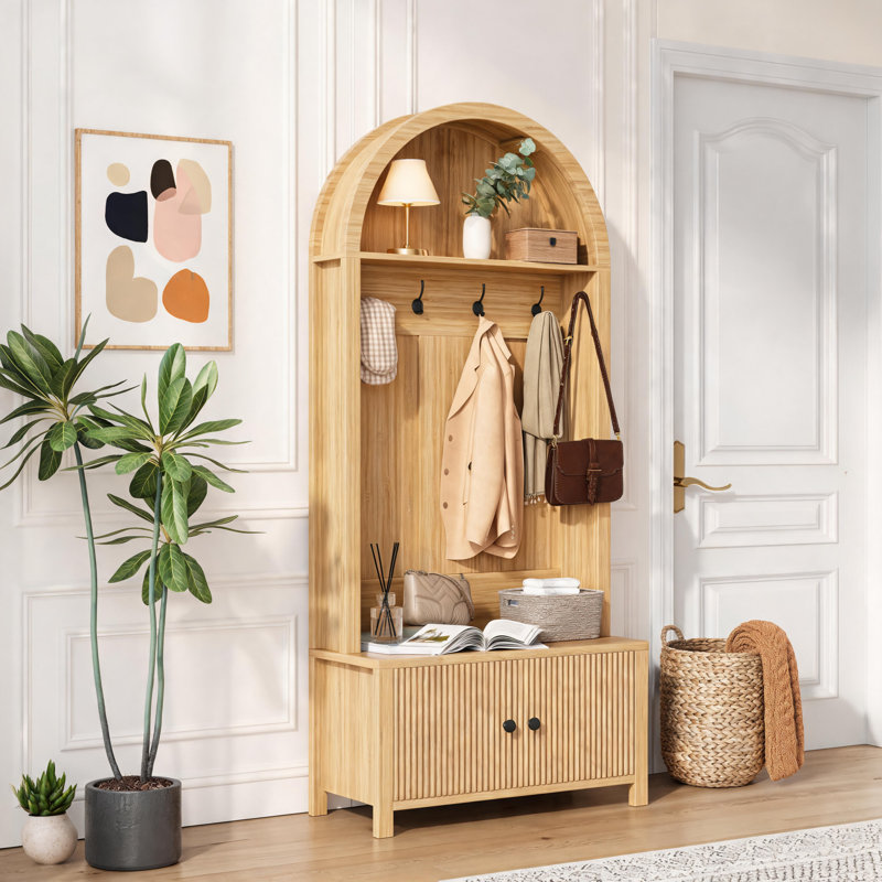 Natural-Colored Farmhouse-Style Entryway Coat Rack, Four-In-One Multi-Functional, Includes Hooks, Shoe Rack, Bench, And Hallway Use.
