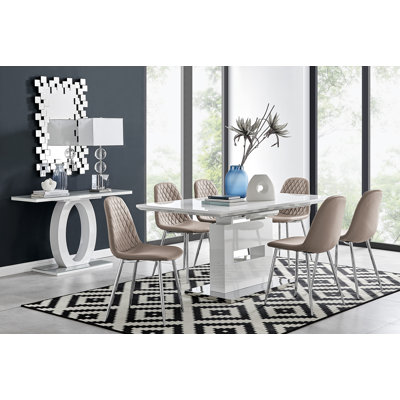 Alezzo Modern High Gloss Extendable Dining Table Set with 6 Luxury Faux Leather Dining Chairs