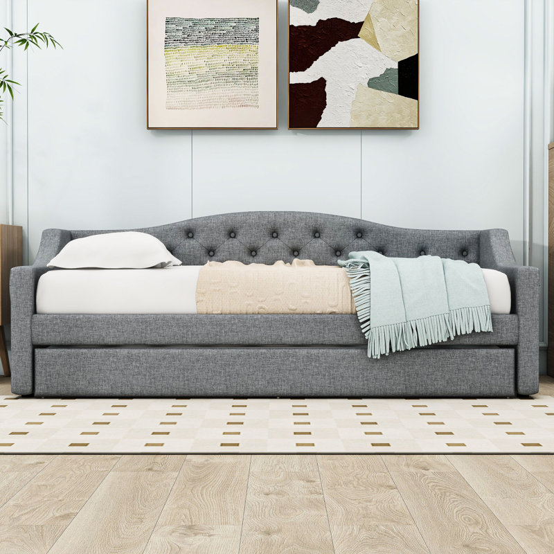 Tyanne Twin XL Upholstered Daybed with Vibrant LED Lighting and Pull-Out Twin XL Trundle, Gray