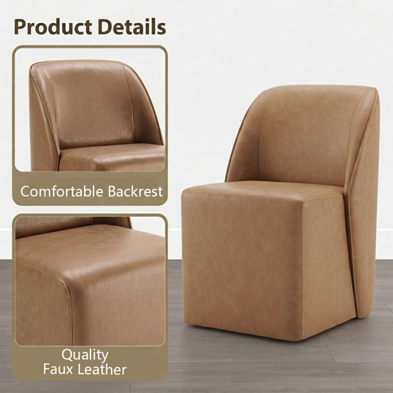 Fully Upholstered Dining Chair with Casters, Saddle Brown