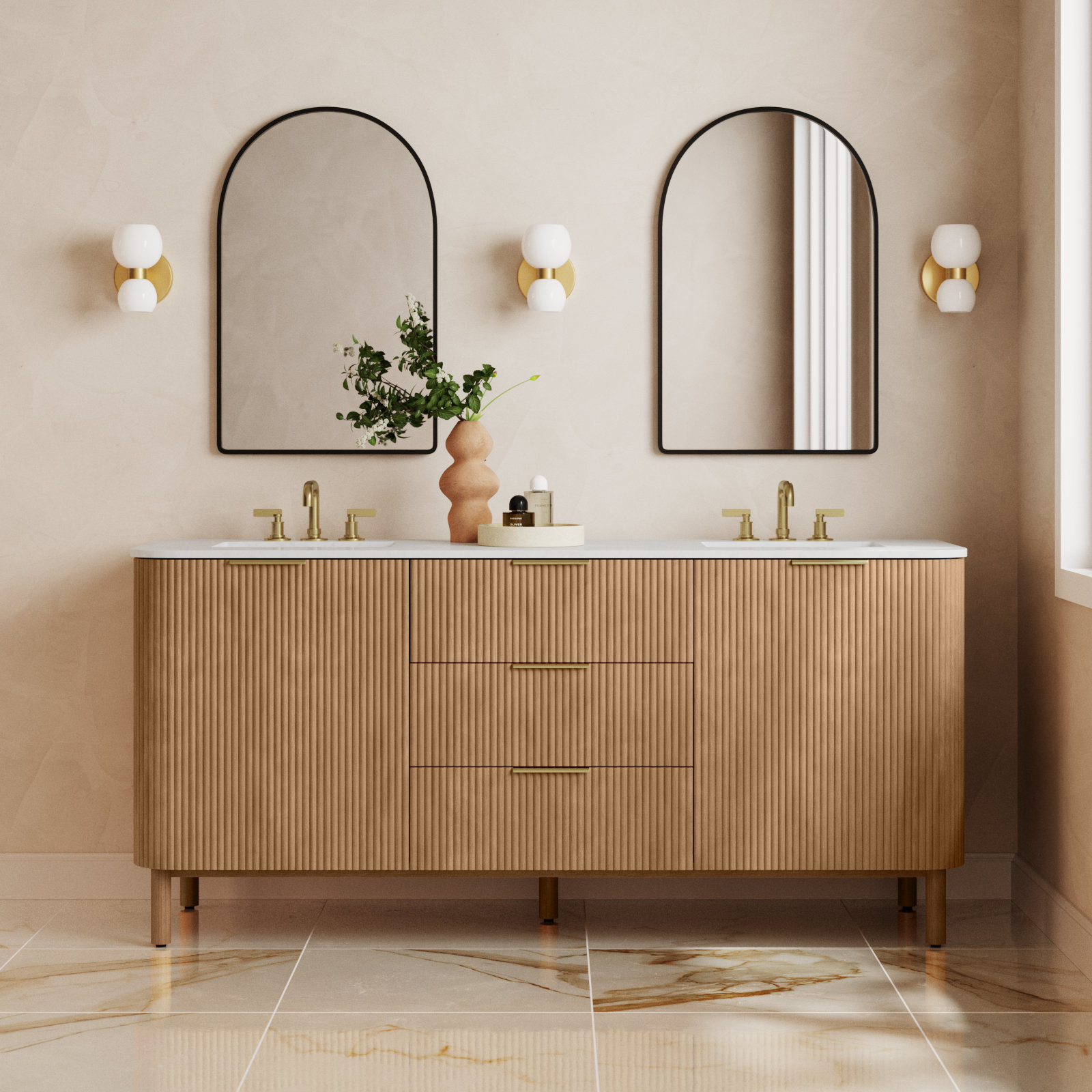 Nova 72" Carrara Marble Double Bathroom Vanity, Reeded Birch