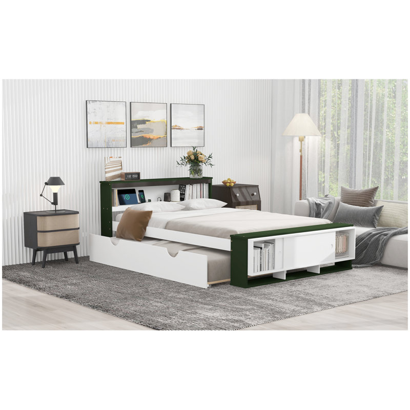 Full Size Platform Bed With Trundle,Storage Headboard And Footboard,USB Charging Design, Green