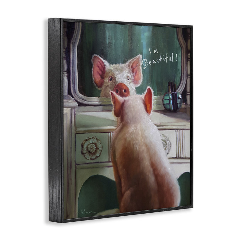 «I'm Beautiful Pig in Mirror Illustration», impression, H 20 po x l 16 po, Giclée encadrée noir minuit