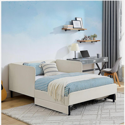 Full Size Upholstered Platform Bed Frame with 2 Storage Drawers, Adjustable Velvet Sofa Bed, Beige