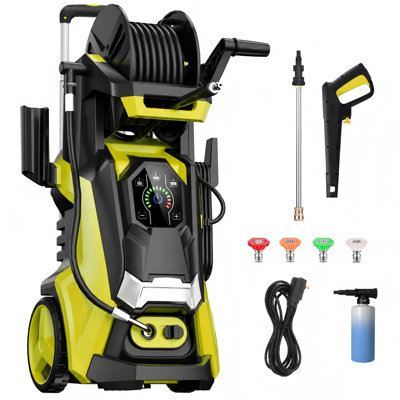 Laveuse à pression électrique 4500PSI 3,8 GPM, écran tactile réglable à 15 niveaux, performance de nettoyage efficace, avec 4 buses réglables, canon à mousse 500 ml, lance en acier inoxydable, système d'arrêt total pour le lavage de voiture, la maison, le patio, le nettoyage de l'allée