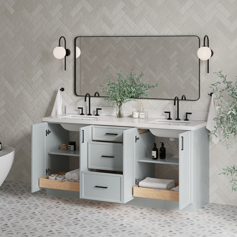 ARIEL Kelly 73 Double Sink Bathroom Vanity with Pure Quartz Top, Gray, Pure White Quartz, Rectangular