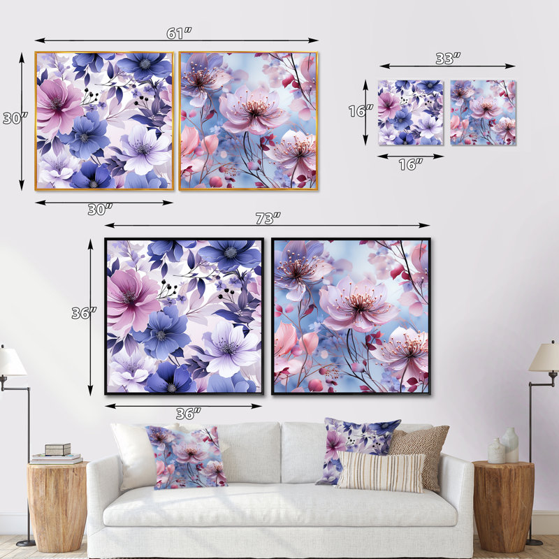Souliere - Ensemble de 2 collages floraux carrés, H 16 po x l 33 po, Toile tendue