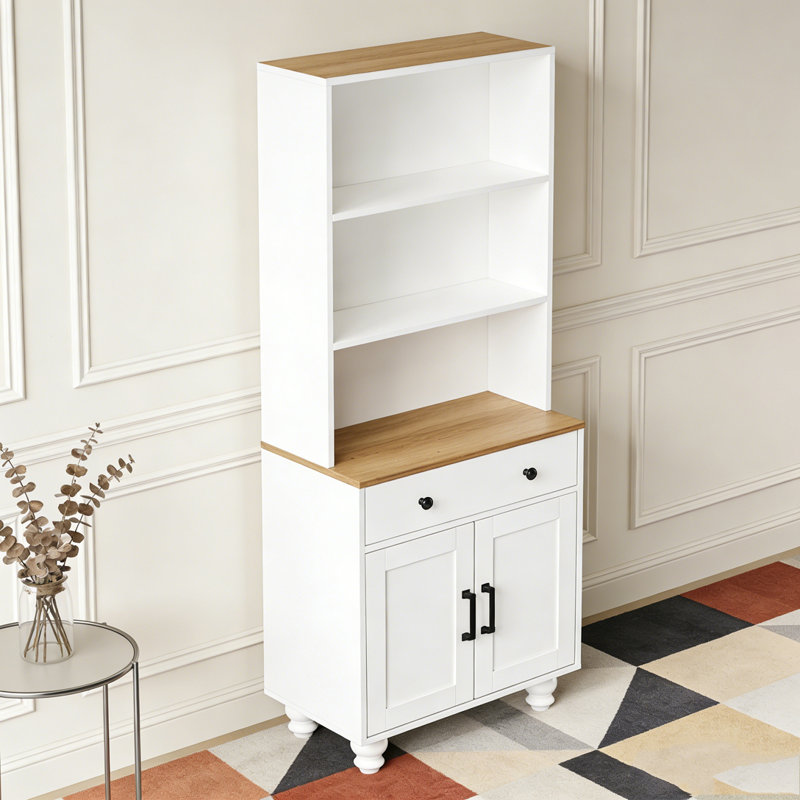Armoire de cuisine moderne avec tablettes réglables, 4 pieds en bois massif en forme de gourde, Blanc