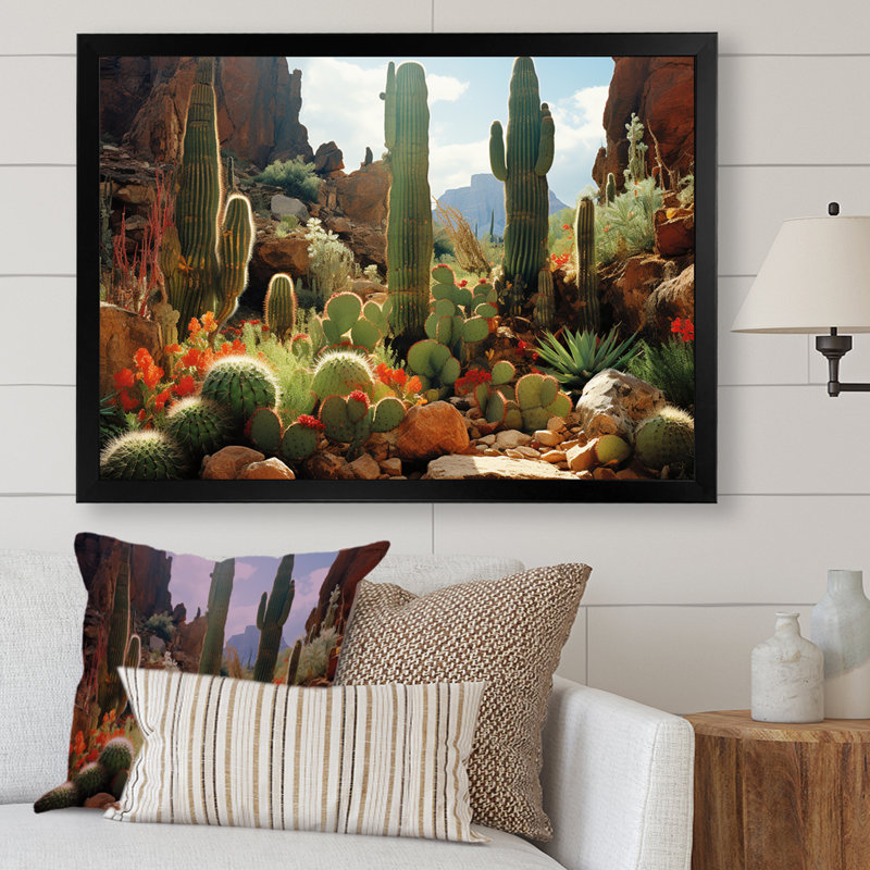 Cactus vert en fleurs au Nevada - Art mural floral cactus, Cadre d'angle fermé noir, H 24 po x l 32 po x P 1 po