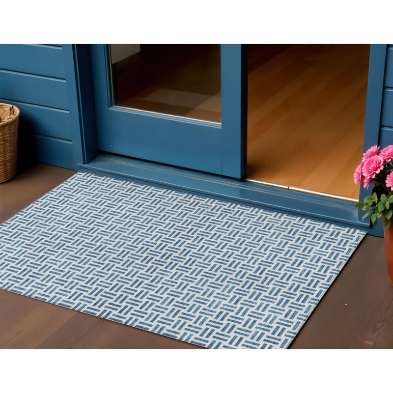 Tapis intérieur lavable à motif géométrique bleu denim 3 pi x 5 pi