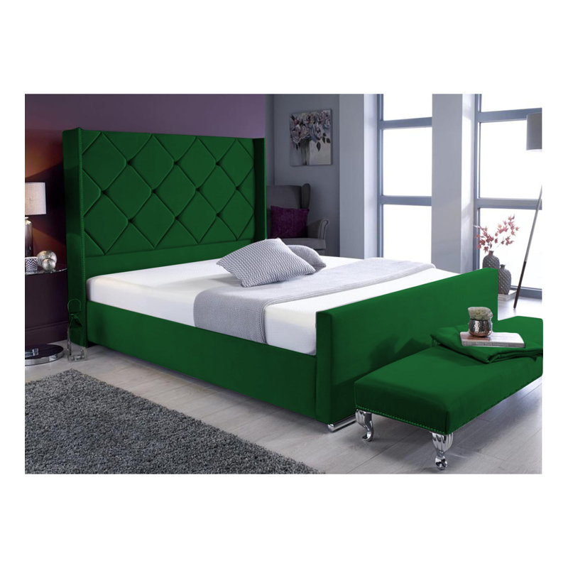 Descanso Chesterfield Velvet Upholstered Bed Frame - Buttoned Headboard, Chrome Feet, Single (3'), Emarald