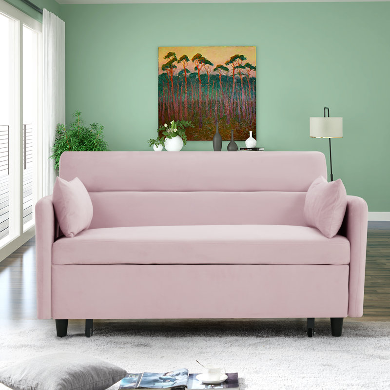 Modern Loveseat with Pull Out Bed And Two Pillows Pull Out Couch Pull Out Sofa Sleeper Sofa Bed, Pink Velvet