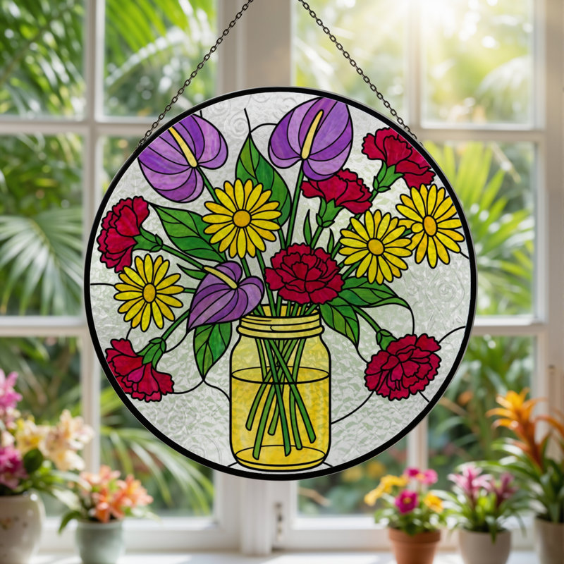 Vitrail d'arrangement floral H 7,8 po, H 7,8 po x l 7,8 po