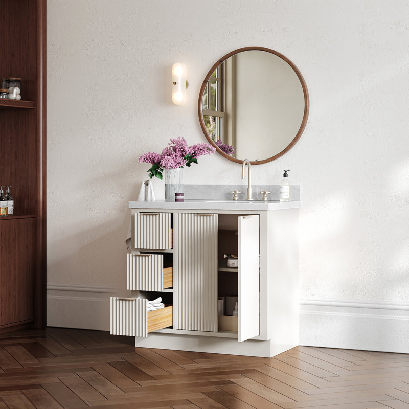 Meuble-lavabo simple en bois massif 36 po avec plateau en marbre de Carrare de 1,5 po, excentré à droite, lavabo ovale, Oui