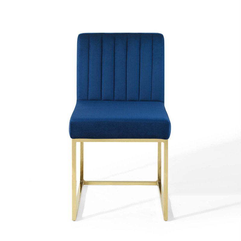 Carriage Tufted Sled Base Upholstered Fabric Dining Chair, Gold, Navy, 2