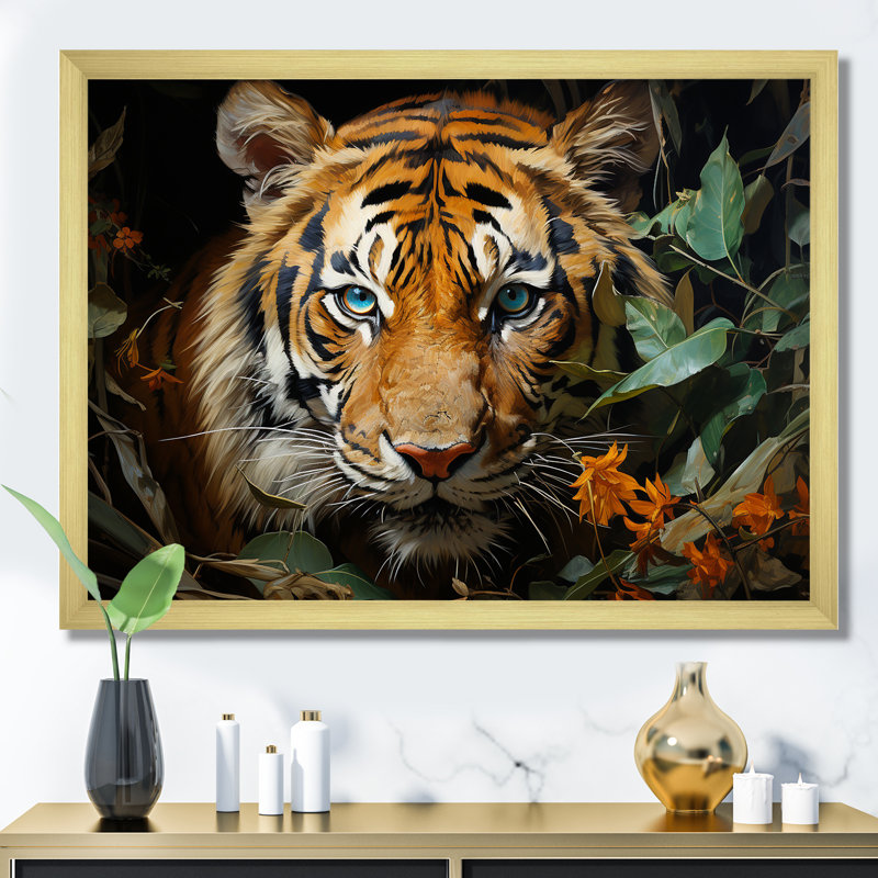 Feline Focus Tigers In Jungle 1 - Art mural jungle, Cadre doré à coins fermés, H 34 po x l 44 po x P 1,5 po