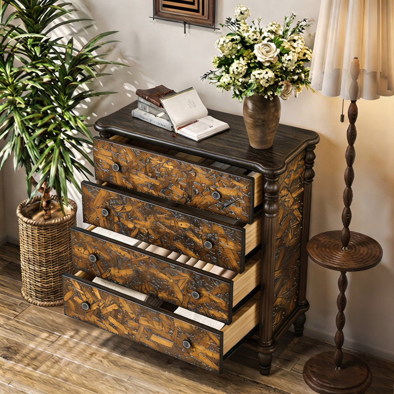 Commode à 4 tiroirs Farmhouse avec pieds en bois massif pour chambre à coucher, couloir, entrée, Espresso