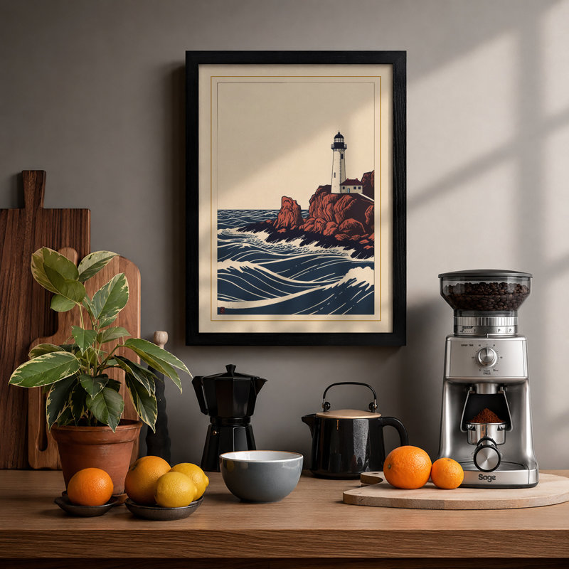 Lighthouse In Turbulent Seas Coastal - Print, A2 - 59.4 x 42.0 cm, Black